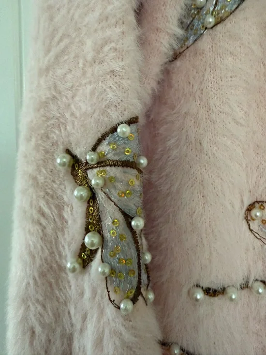 Hand Embroidered Sequin Pink Embellished Butterfly Fuzzy Cardigan Sweater NWOT - Picture 8 of 16